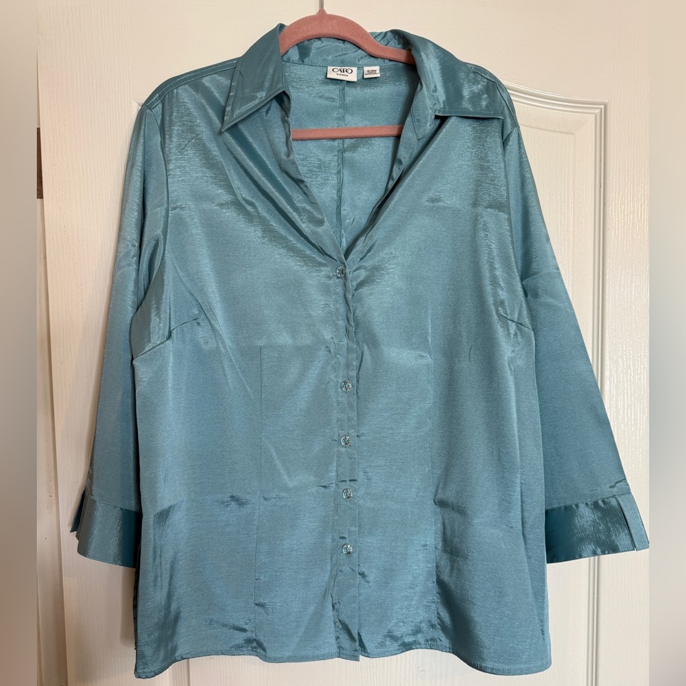 Cato Women Shimmering Teal/ Aqua 3/4 Sleeve Button Up Collared Blouse 18/20W